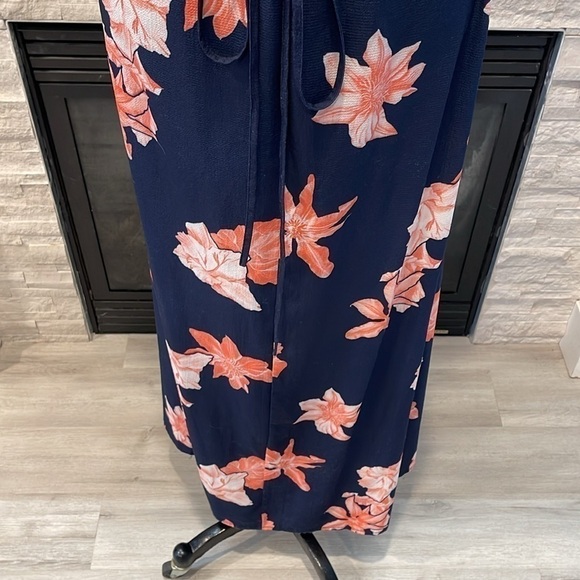 NAVY BLUE PINK FLORAL PLUNGE V NECK CRISSCROSS BACK HIGH SLIT MAXI DRESS Small - Picture 10 of 11